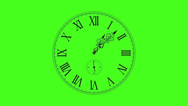 Fancy analog clock countdown animation. Twelve hours in one minute. Animation of the clock. Clock video on Green Background. HD Video.
