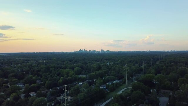 View of downtown Mississauga from drone over Clarkson area at dusk