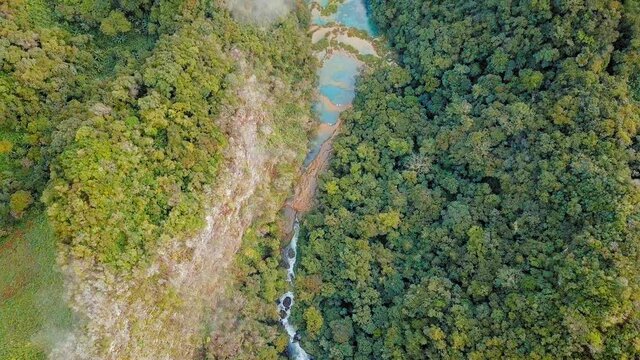 Incredible aerial shot over Semuc Champey waterfalls in Guatemala!