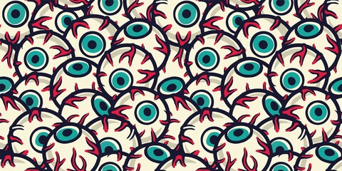 Colored seamless pattern wallpaper with scary horrible eyes for halloween holiday design. October party banner, poster or postcard