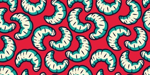 Colored seamless pattern wallpaper with illustrations of maggots worms for halloween design. Scary insect larvae. October party banner, poster or postcard