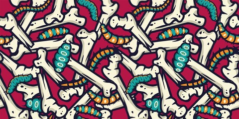 Colored seamless pattern wallpaper with illustrations of caterpillar, maggots worms and bones for halloween design. Scary insect larvae. October party banner, poster or postcard
