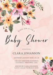 Pink Creamy Floral Watercolor Baby Shower Invitation Card - obrazy, fototapety, plakaty