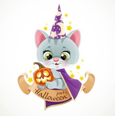 Cute cartoon baby cat in the wizard's suit sits on a parchment banner hugging pumpkin lantern isolated on white background