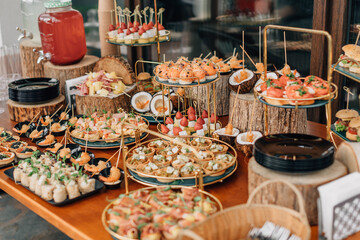 Gorgeous catering wedding table with delicious  food