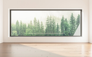 Side window seat 3d render.There are white room,wood seat.There are big windows look out to see nature view.