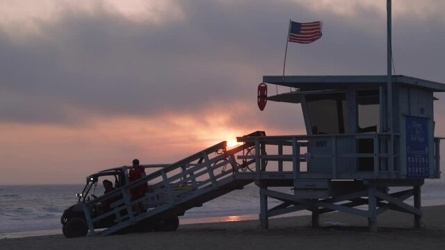 Lifeguard tower at sunrise