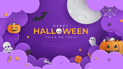 Happy Halloween banner or with night clouds and pumpkins filled with Halloween decorations in paper cut style. Vector illustration. Full moon in the sky, spider webs and bats flying. Place for text