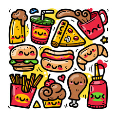 Doodle collection set of Food and beverage element on isolated white background. Doodle kawaii style 