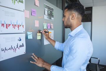 Young businessman writing on memo notes with marker