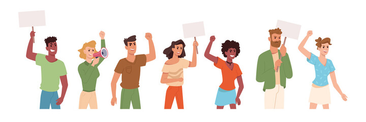People on protest holding placards and banner signs in hands, vector flat cartoon icons. Angry protesters young and black activists on strike demonstration or manifestation with fists and megaphone