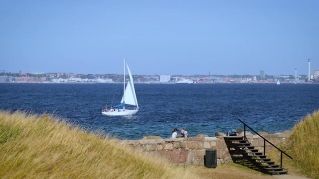 Maritime traffic at the Sound strait seen from the Kronborg Castle.