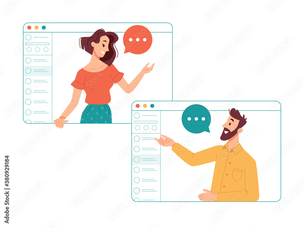 Poster Man and woman communicating online via internet using video call application. Friends talking and laughing, business partners on conference. Working remotely, chatting people on teleconference vector