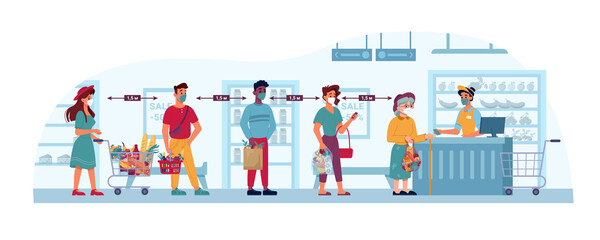 Store and people in masks, social distance queue in grocery supermarket, shop, vector flat cartoon Coronavirus covid19 social distance in store, crowd line standing to cashier, public security