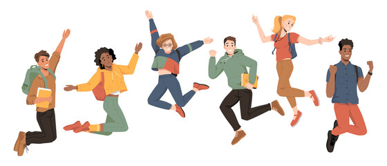 Multicultural students jumping, happiness success, happy young people, vector flat cartoon. University students or college and school friends jump up with raised hands and happy smiles of celebration - obrazy, fototapety, plakaty