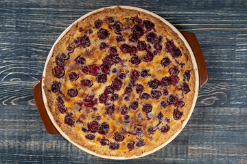 Homemade organic cherry pie dessert ready to eat, close up. Cherry tart