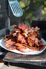 Paper plate stacked with bacon outdoors at a campsite