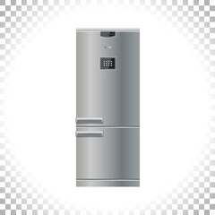 Modern Fridge Freezer refrigerator icon. Silver color. Front view. Digital display and keypad panel. Household tech and appliances. Vector illustration.