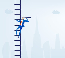 Successful banker looking with the telescope for better investments, new start up, new business. Business concept illustration