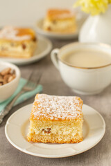 Slices of homemade cottage cheese cake with raisins