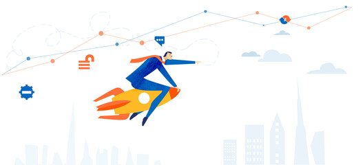 Successful business man flying with rocket. New business, start up. Development and progress support concept