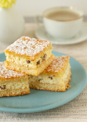 Slices of homemade cottage cheese cake with raisins