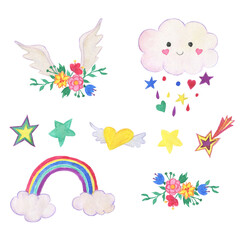 Watercolor painting  cute design elements : rainbow, cloud, stars, flowers, wings. Baby collection