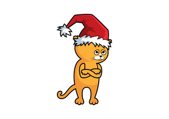 Grumpy cat with Christmas hat icon vector. Funny angry Christmas cat cartoon character. I Hate Christmas Cat in a Santa hat icon isolated on a white background. Red cat with arms crossed vector