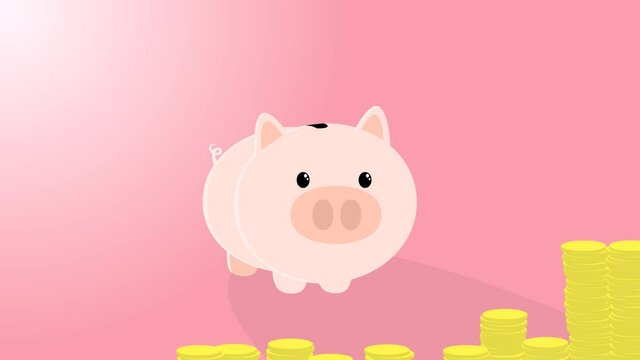 2d animation of a piggy bank dancing at the sight of many gold coins on a pink background