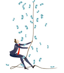 Digital illustration Money falling from sky at businessman. Businessman pulling rope in order to make money fall. Success and professional achievement concept