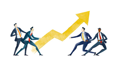 Digital illustration Business people fighting with arrows in order to find out the strongest team. Competitive business life, way to success 