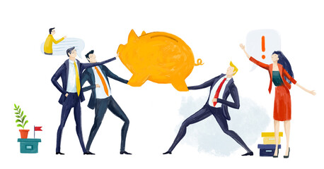 Digital illustration Business people holding up golden pig. Piggy bank, saving, money and earnings idea