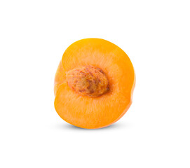 Ripe peach fruit with leaves and slises on white background.