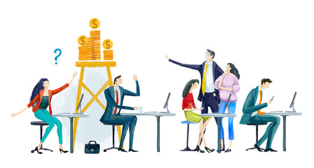 Digital illustration Big group of business people work in office, having a meeting, discussing the deal and business planning. Work together.  Business concept