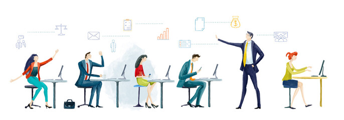 Digital illustration Big group of business people work in office by desks. Support,  business planning, advisory. Work together.  Business concept