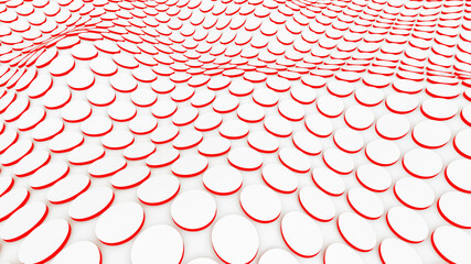 White and red hi-tech background whith circles. Embossed surface. 3d rendering.