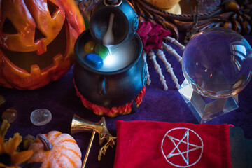 Magic scene, Mystical atmosphere, view of wicca the velvet table, esoteric concept, fortune telling and predictions