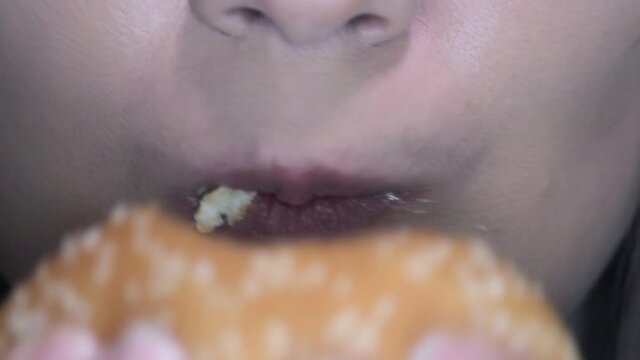 Girl eating a hamburger close-up. Copy space