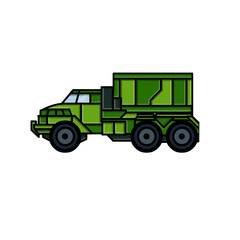 Military truck. Army transport. Transportation of cargo and ammunition. Modern technology in protective green color. Cartoon illustration isolated on white