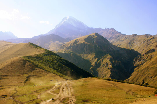 Kazbegi, Stepantsminda, Georgia. Eastern Europe, Road in the mountains, Kazbegia
