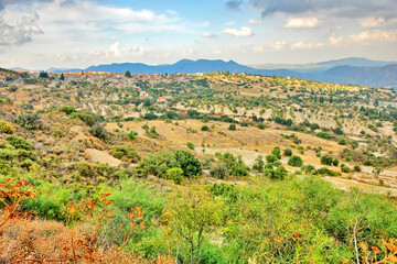 Fototapeta premium View, Pano, Lefkara, village,, Cyprus.mountain, hill, pictoresque, distance, from, panorama, old, landscape, panoramic, View of Pano Lefkara - a village on the island of Cyprus.
