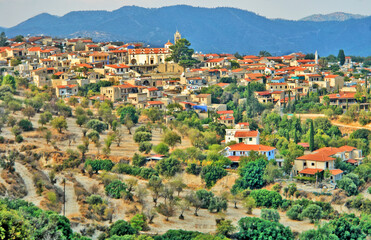 Fototapeta na wymiar View, Pano, Lefkara, village,, Cyprus.mountain, hill, pictoresque, distance, from, panorama, old, landscape, panoramic, View of Pano Lefkara - a village on the island of Cyprus.
