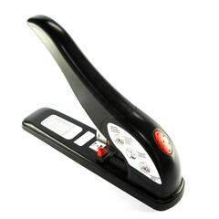 The stapler for binding books has a lever that forces the paper stacker to go up and down.