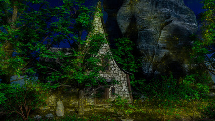 Stoned house in a fairytale forest at moonlight