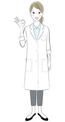 A female doctor wearing lab coat smiling showing ok sign