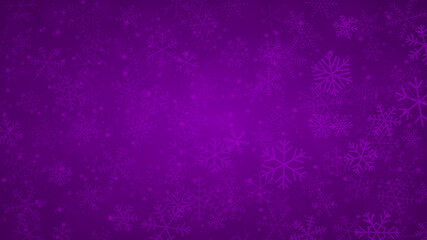 Christmas background of snowflakes of different shapes, sizes and transparency in purple colors