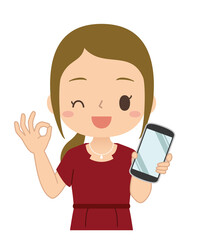 OKサインでスマホを持つ女性　イラスト