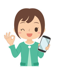 OKサインでスマホを持つ女性　イラスト