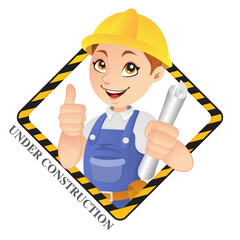 Construction worker showing a under construction sign