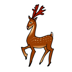 Santa's spotted deer, a symbol of Christmas & New year, for holiday cards, decorations, color vector illustration with black ink lines isolated on a white background in cartoon & hand drawn style